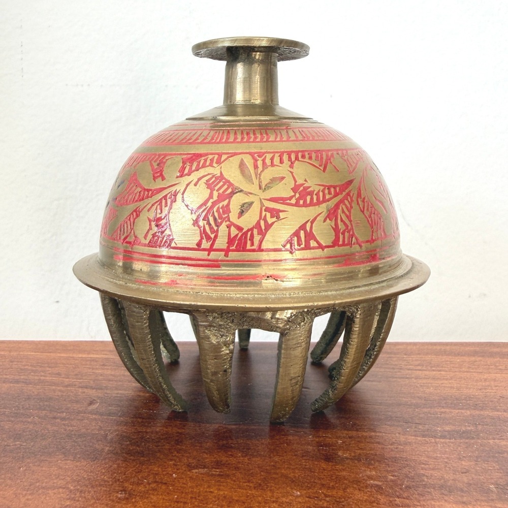 Vintage Brass Elephant Claw Bell Etched Red Floral Enamel Indian Temple Decor